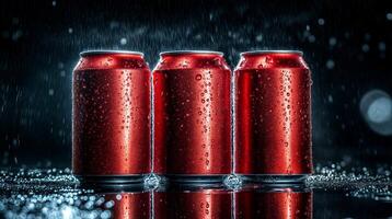 Three red aluminum cans covered with water droplets under the rain photo