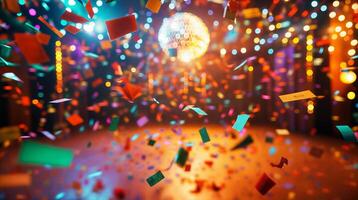 Colorful confetti falling on dance floor during party with disco ball photo