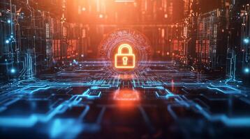 Cybersecurity system protecting data with padlock icon inside server room photo