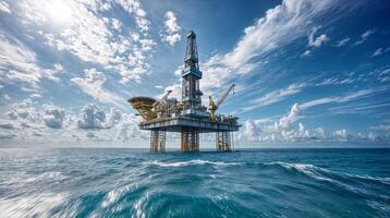 Offshore jack up drilling rig extracting oil and gas in the ocean under a cloudy sky photo