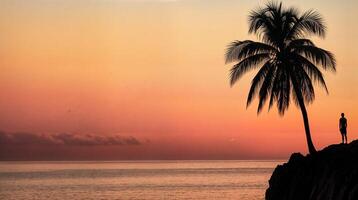 Tourist watching amazing sunset on tropical island cliff with palm tree photo