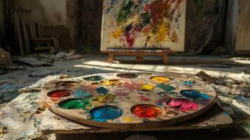 Colorful palette resting on table in abandoned art studio photo