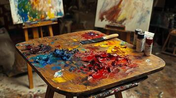 Painting table showing palette knife and colorful oil paint tubes in art studio photo