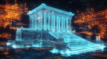 Futuristic hologram of greek temple emerging from digital network photo