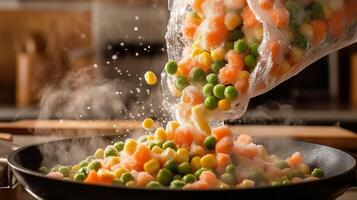 Frozen mixed vegetables pouring into steaming hot pan photo
