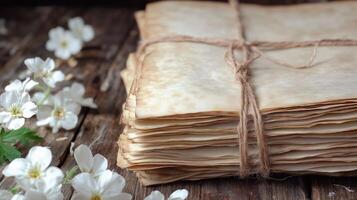 Stack of vintage paper tied with string near white flowers on rustic wooden table photo