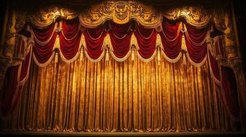 Elegant gold stage curtains with red drapery in theatre photo