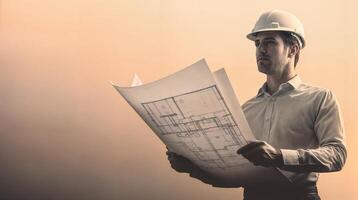 Confident architect reviewing blueprint on construction site, embracing innovation in design photo