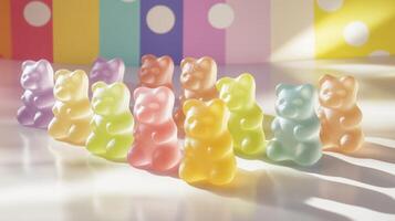 Colorful gummy bears sitting on white surface with rainbow background photo