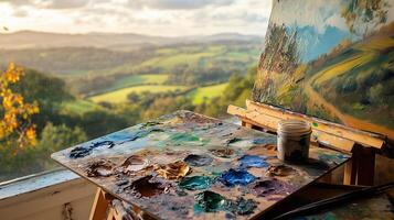 Painting en plein air, palette, easel, and canvas overlooking a picturesque valley photo