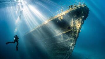 Scuba diver exploring sunken shipwreck in deep blue ocean photo