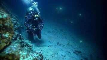 Professional diver exploring the depths of the ocean floor photo