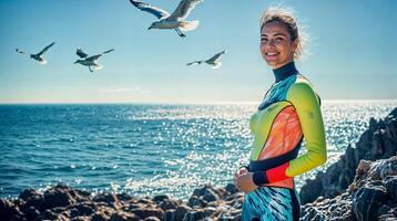 Smiling surfer posing on rocky coast with seagulls flying photo