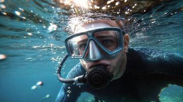 Diver exploring underwater world breathing through regulator photo
