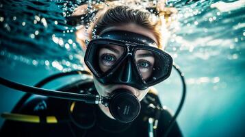 Diver exploring underwater marine life, breathing through regulator photo