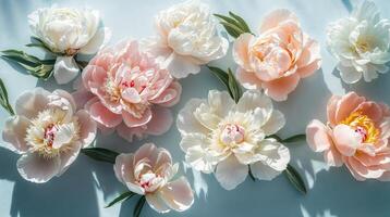 Beautiful fresh pink and white peonies creating a stunning floral background photo
