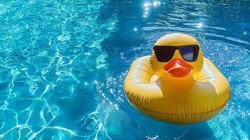 Inflatable yellow duck wearing sunglasses floating in swimming pool photo