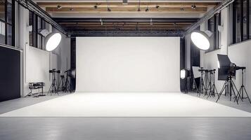 Professional photo studio with lighting equipment and white backdrop ready for shooting