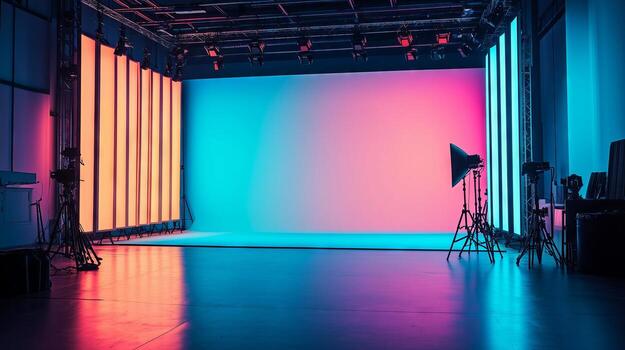 Modern photo studio with led lighting equipment illuminating backdrop