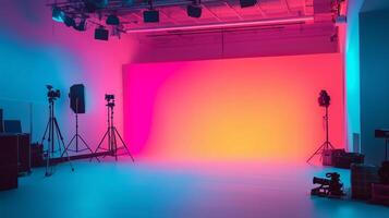 Professional lighting and equipment illuminating vibrant studio backdrop photo