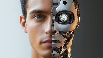 Man merging with artificial intelligence robot face showing transhumanism concept photo