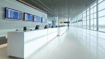 Empty check in counters and flight information displays in modern airport terminal photo