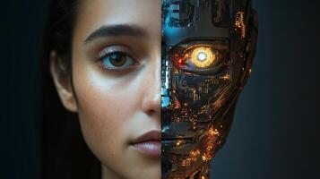 Woman merging with artificial intelligence, half human, half robot face photo