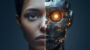 Woman merging with artificial intelligence, half human, half robot photo