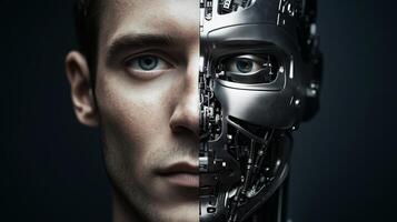 Man merging with artificial intelligence, half human, half robot face photo