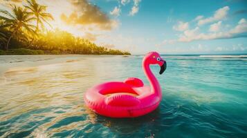Pink flamingo inflatable floating on tropical ocean at sunset photo