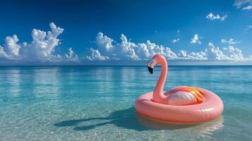 Pink flamingo inflatable floating on calm turquoise ocean under cloudy sky photo