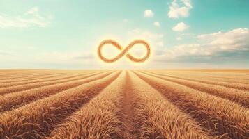 Infinity symbol floating above wheat field at sunset symbolizing eternity and abundance photo