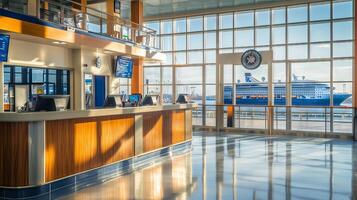 Modern cruise terminal waiting room with cruise ship docked outside photo