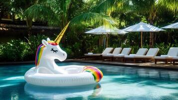 Inflatable unicorn floating in tropical resort swimming pool photo