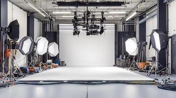Professional lighting equipment illuminating empty photo studio with white cyclorama