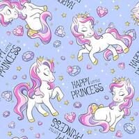Happy little princess seamless pattern with unicorns and diamonds vector