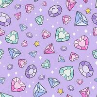 Seamless pattern with colorful gems and stars on purple background vector