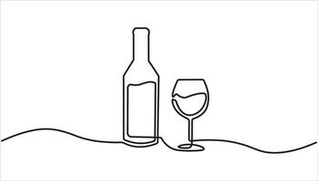 Glass and bottle of wine continuous one line art drawing illustration vector