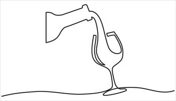 Glass and bottle of wine continuous one line art drawing vector