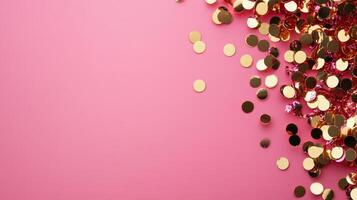 Glittering golden confetti sprinkled across bright pink surface, capturing celebratory mood with festive metallic elements birthday gold photo