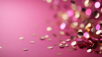 Glittering golden confetti sprinkled across bright pink surface, capturing celebratory mood with festive metallic elements happy birthday gold photo