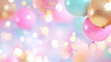 Stylish arrangement of balloons and decorative ornaments with golden confetti, happy birthday pink gold creating a festive atmosphere background photo
