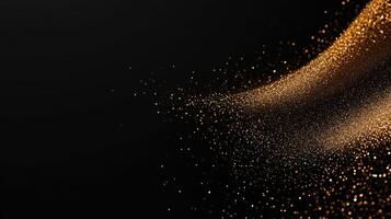 Golden abstract particles falling bokeh effect on a black background with a gradient, creating a glitter luxurious and festive atmosphere photo