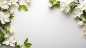 Delicate white blossoms spring verdant green foliage creating elegant border against pristine white background, highlighting botanical purity copy space for your text photo