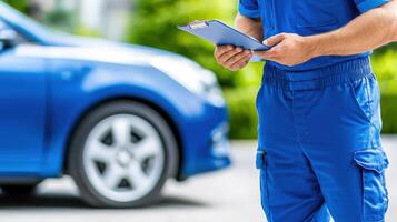 Auto mechanic writing notes clipboard while inspecting car, performing maintenance check and filling checklist photo