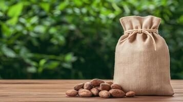 Cocoa beans filling a burlap sack forming a pile on a wooden table with a plant on the background copy space for your text photo