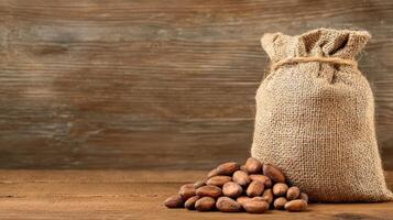 Cocoa beans filling a burlap sack and a pile on a wooden table with a plant on the background copy space for your text photo