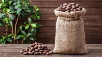 Cocoa beans filling a burlap sack and forming a pile on a wooden table with a plant on the background photo