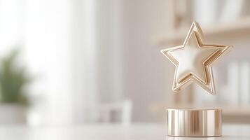 Gold star on a table in a room with a white background photo