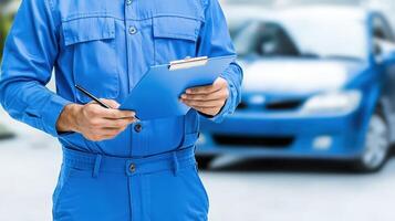 Auto mechanic writing notes on clipboard while inspecting car, maintenance check and filling checklist photo